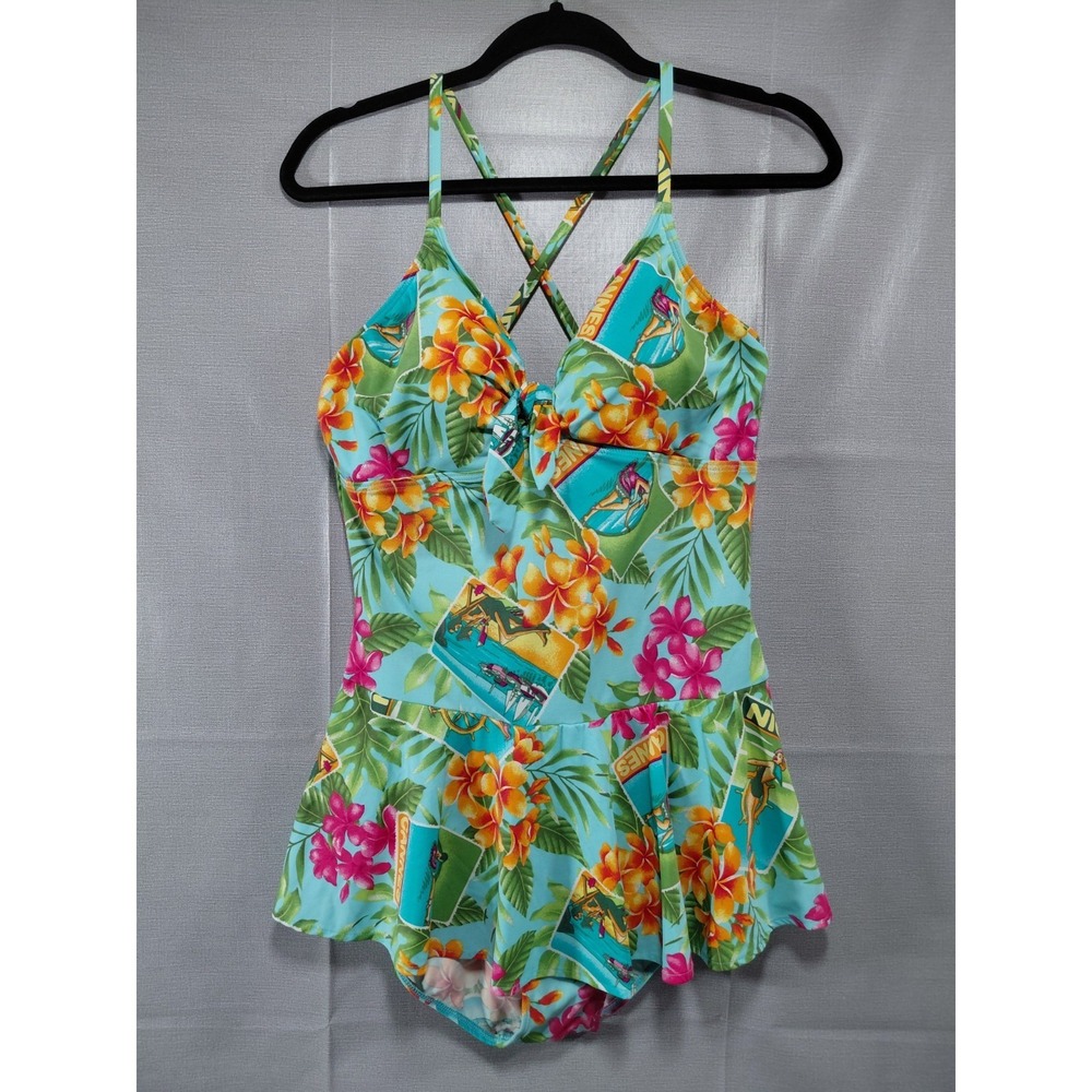 Vtg Kathy Ireland Tropical Swim Dress Women's 18 Multicolor Strappy Built in Bra